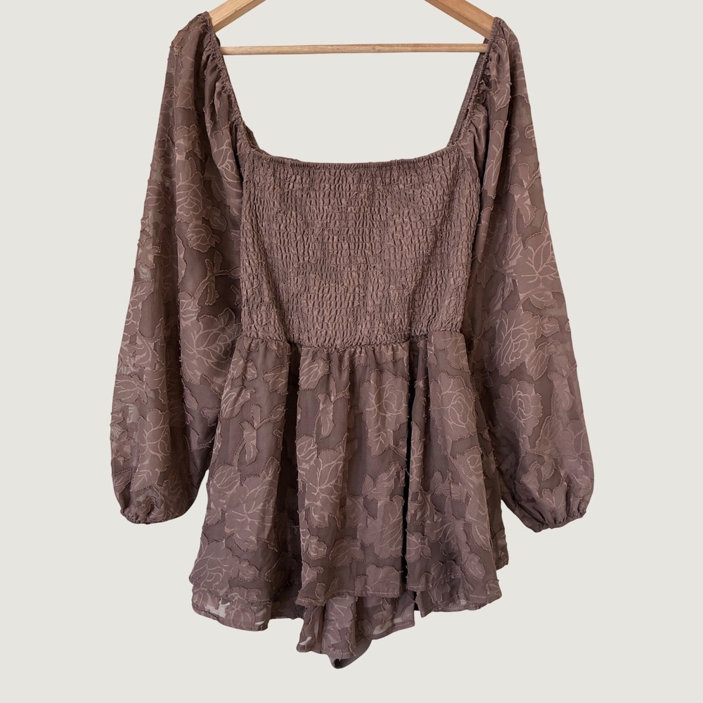 Rue21 Grunge XL Mauve Floral Burnout Smocked Fairycore Long Sleeve Romper Boho